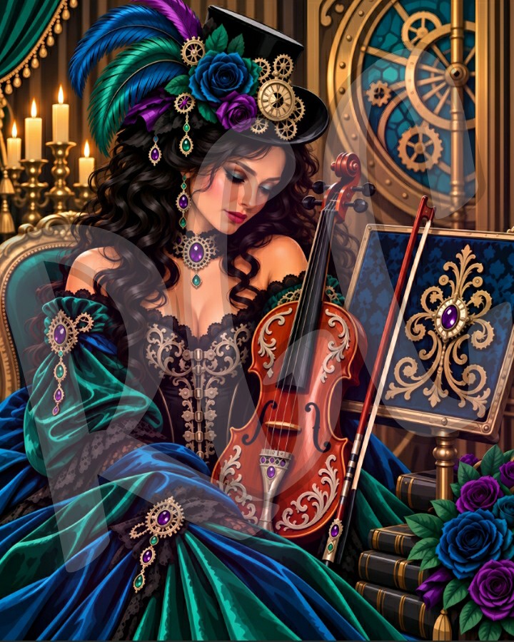 Steampunk Violinist in Emerald Velvet
