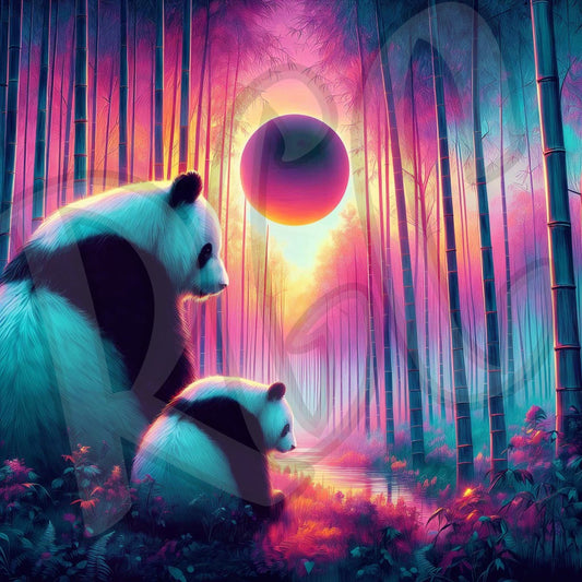 Pandas under pastel sky