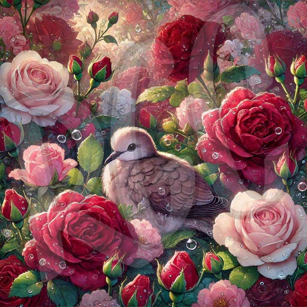Baby morning dove with roses