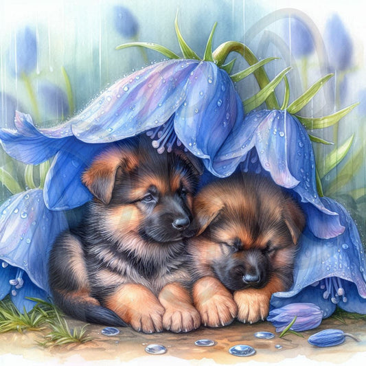 Puppies beneath Bluebell Flowers