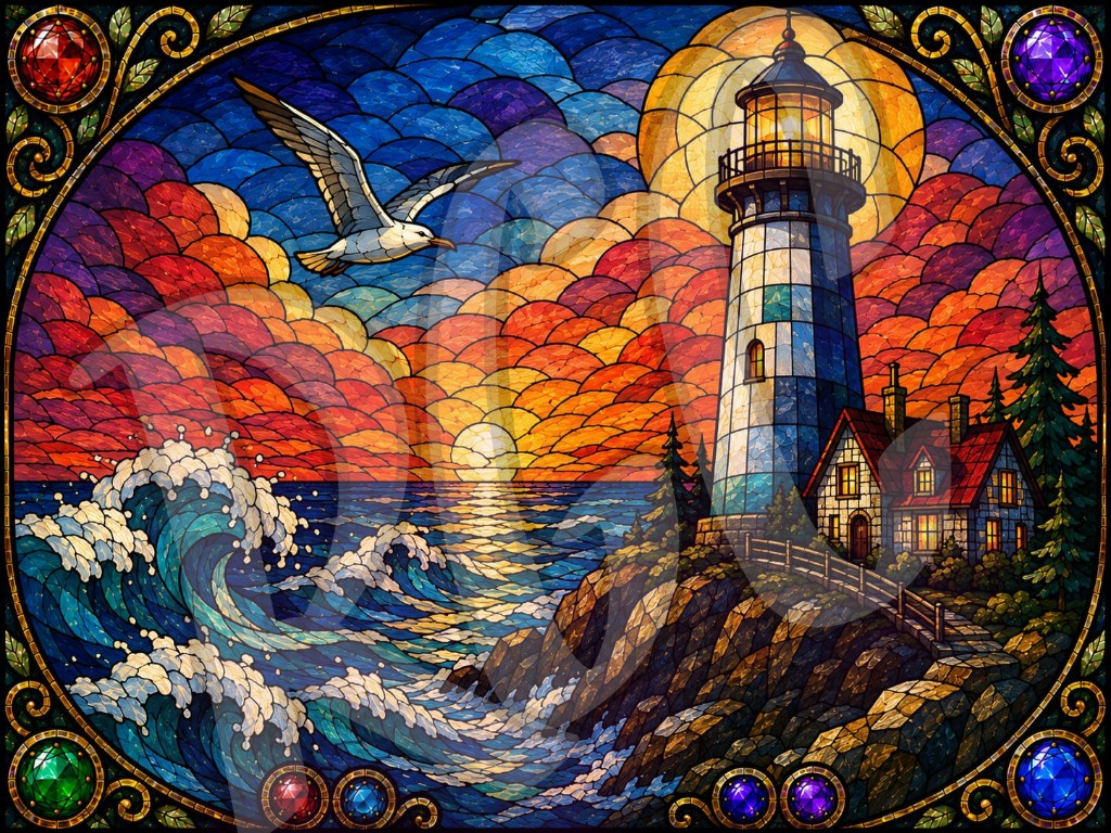 Stained Glass Coastal Lighthouse