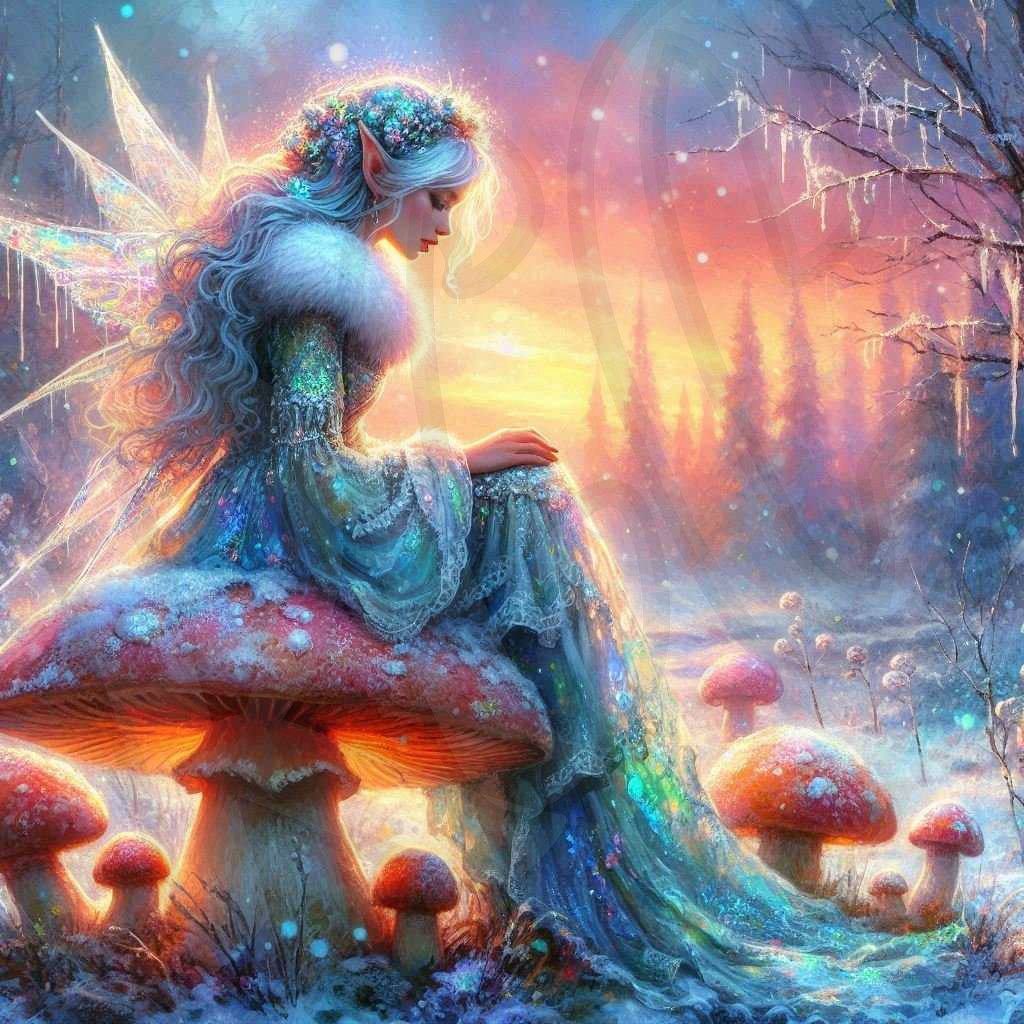 Frosty elf on toadstool mushroom