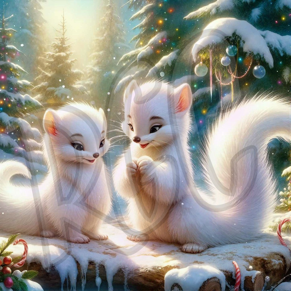 Smitten Ermine Pair in Holiday Forest
