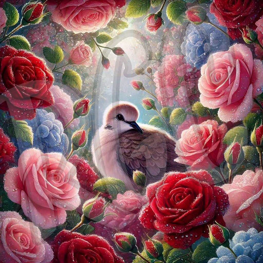 Baby morning dove with roses