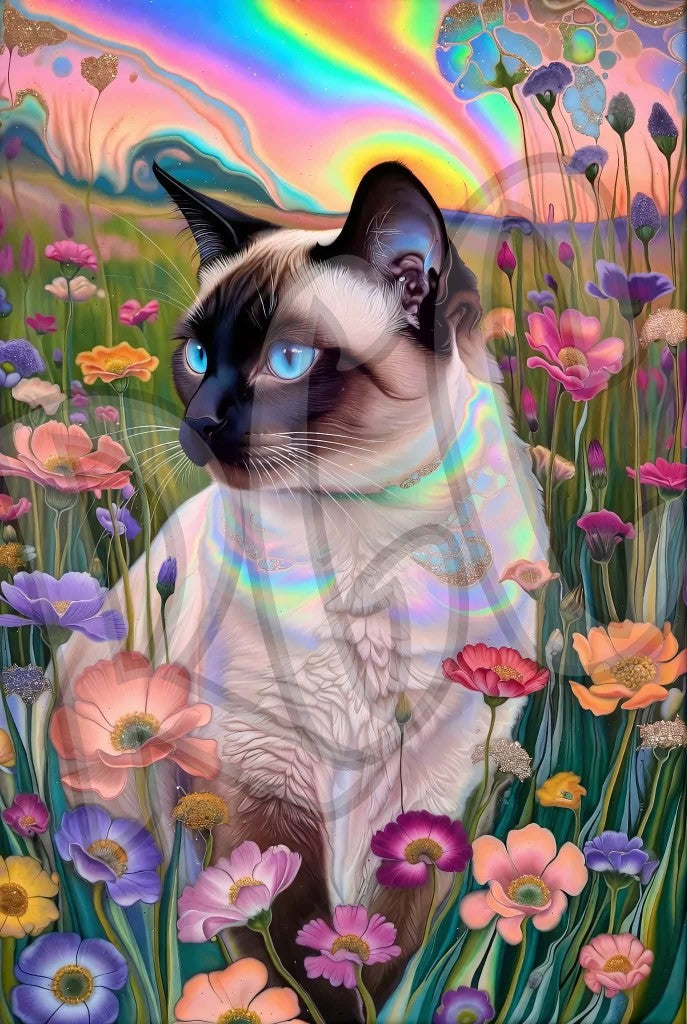 Siamese Cat in Wildflowers-reimagined Blow Art